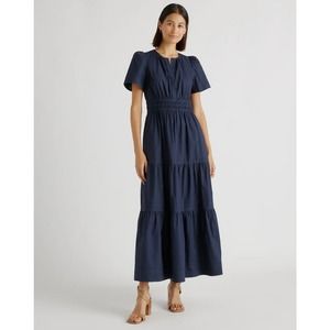 QUINCE Navy 100% Organic Cotton Tiered Maxi Dress NWT Size XS
